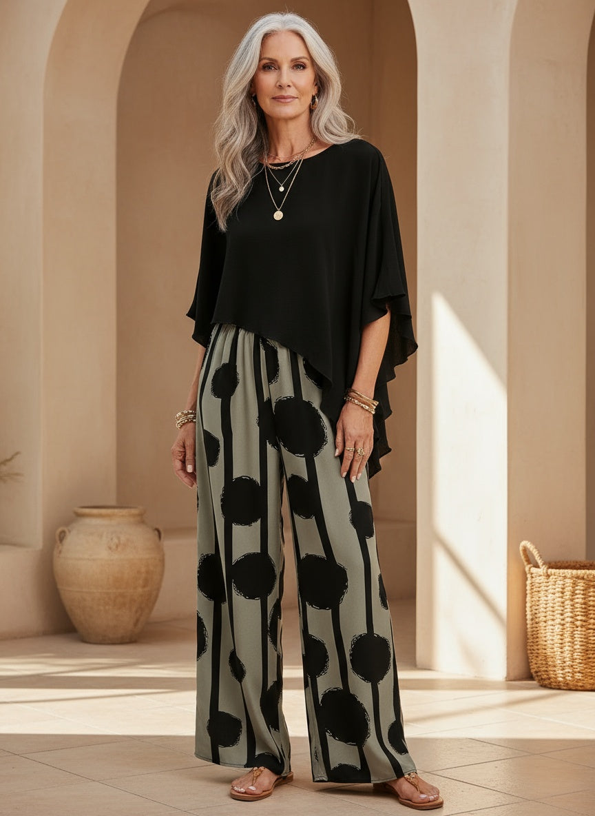 Soledad | Conjunto Casual de Dos Piezas Top Asimétrico y Pantalón Pierna Ancha Mujer Estampado