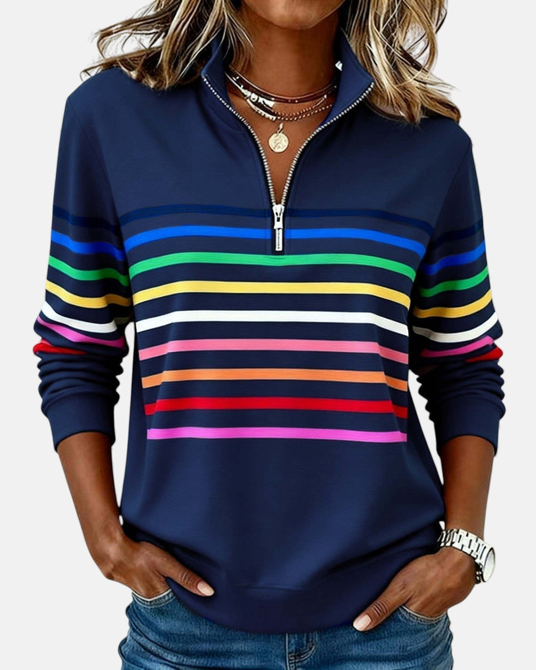 Isabel | Sudadera de Rayas Mujer Cuello Cremallera Manga Larga