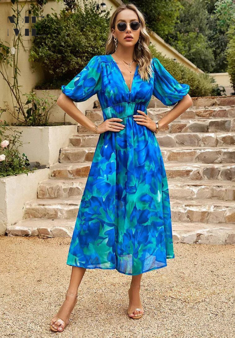 Marisol | Vestido Midi de Invitada Estampado Floral Mujer Escote V