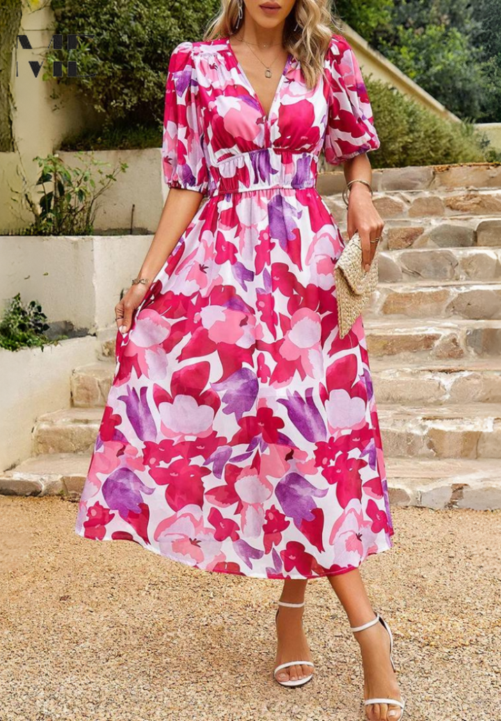 Marisol | Vestido Midi de Invitada Estampado Floral Mujer Escote V