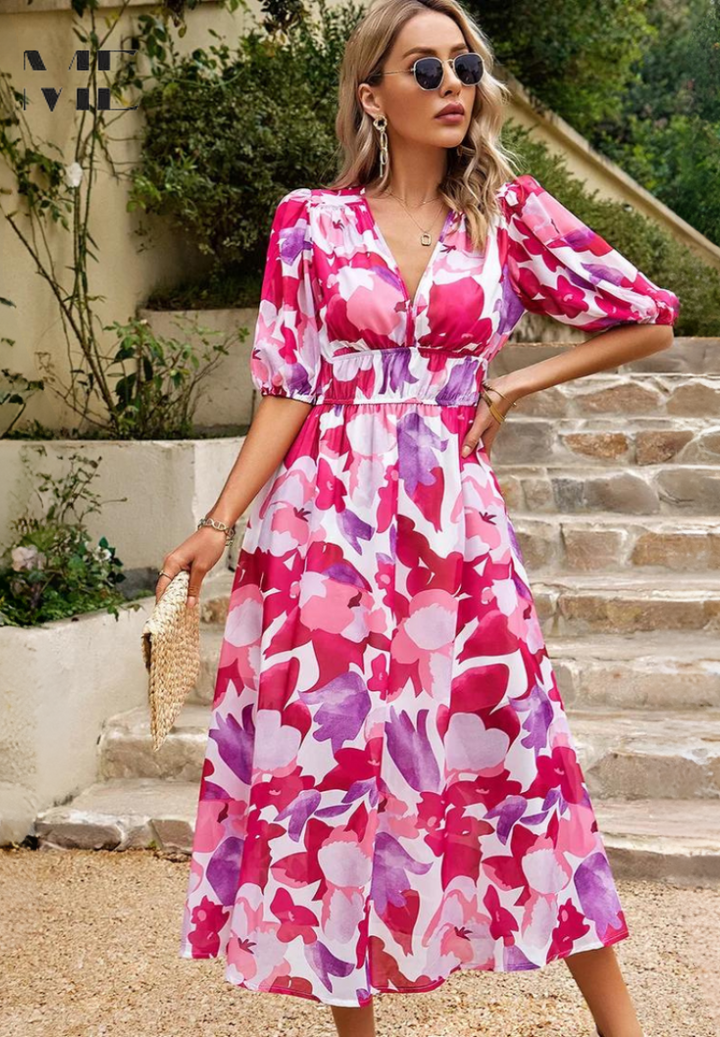 Marisol | Vestido Midi de Invitada Estampado Floral Mujer Escote V